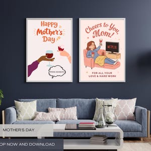 Printable Mother’s Day Cards –Instant Download, Cute & Unique Digital Greeting Cards for Mom, Daughter, Wine Lovers, Floral, Heart, Kids Art