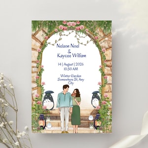 Bearbeitbare Hochzeitseinladungsvorlage | Totoro-inspiriertes Garten-Design | Illustrierte Blumenbogen Karte | Digitaler Download | Anime Hochzeit