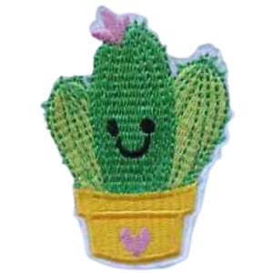 May include: An embroidered green cactus with a pink flower on top, wearing a happy face, in a yellow pot with a pink heart.