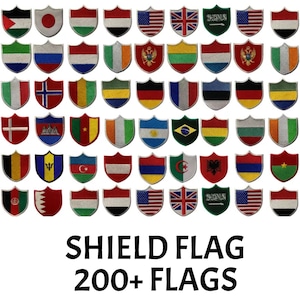 May include: A collection of shield-shaped patches featuring various national flags. The patches are in a variety of colors and designs, with the text "SHIELD FLAG 200+ FLAGS" displayed below the patches.