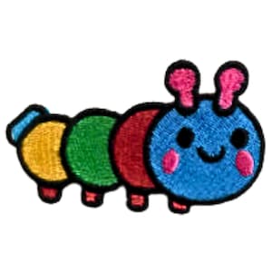 May include: A colorful embroidered caterpillar with a yellow, green, red, and blue body. The caterpillar has a smiling face with pink cheeks and two pink antennae.