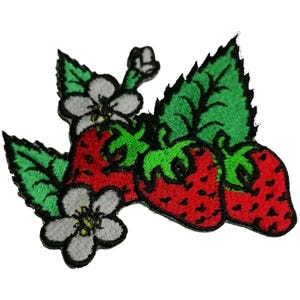 May include: Embroidered patch featuring three red strawberries with green leaves and white flowers.