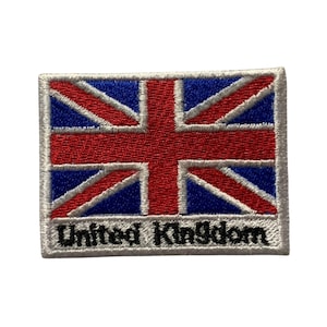 May include: An embroidered patch featuring the Union Jack flag with the text "United Kingdom" below it.