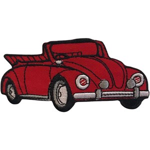 May include: Red embroidered iron-on patch of a vintage convertible Volkswagen Beetle.