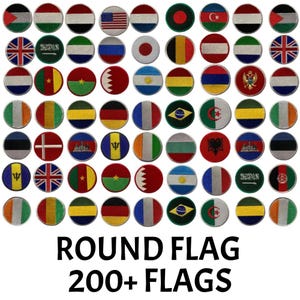 May include: A collection of round flag patches, each featuring a different national flag design. The image includes a variety of flags from around the world, with the text "ROUND FLAG 200+ FLAGS" at the bottom.