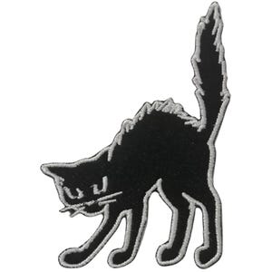May include: Black embroidered iron-on patch of a black cat with a white outline. The cat is in a crouched position with its tail raised.