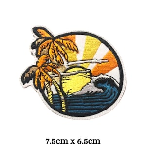 May include: Embroidered iron-on patch featuring a sunset over a wave with palm trees. The patch is 7.5cm by 6.5cm.