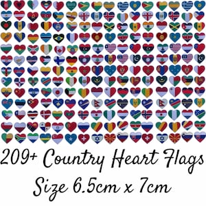Puede incluir: Una colección de banderas en forma de corazón que representan varios países. Cada bandera mide aproximadamente 6,5 cm por 7 cm. La imagen incluye el texto "209+ Country Heart Flags".