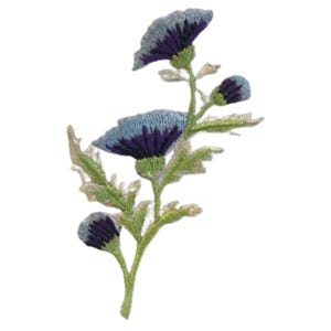 May include: Embroidered floral patch featuring a stylized thistle design. The patch showcases a detailed depiction of a purple and blue flower with green leaves and stems. The embroidery has a textured appearance, with a white background.