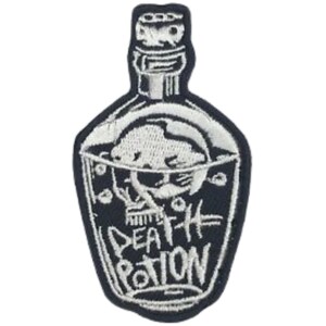 May include: A black and white embroidered patch of a glass bottle with a skull inside. The bottle has the text "DEATH POTION" on it.