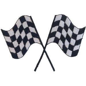 May include: Two embroidered checkered racing flags with black and white squares are crossed against a white background. The flags are waving, and the black flagpoles are crossed.