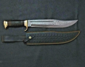 Couteau Bowie, pleine soie, fait main, fait main, couteau Bowie en acier damas, étui en cuir, cadeau de Noël pour lui, cadeau d'anniversaire