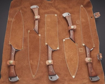 Lot de 5 magnifiques couteaux de chef faits main en acier damas avec étui en cuir, cadeau de Noël pour elle