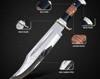 Cuchillo de exterior hecho a mano de acero de alto carbono / Mango de cuerno de toro / Hoja fija / Herramienta de camping / Regalo para él / Cuchillo de colección hecho a medida