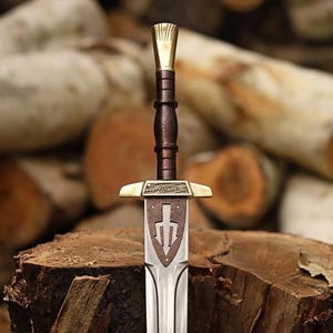 Op de afbeelding: Een gedetailleerde afbeelding van een zwaard met een bronzen gevest en een bruin handvat. Het zilveren lemmet steekt af tegen een achtergrond van houten stammen. Het zwaard rust op een houten oppervlak.