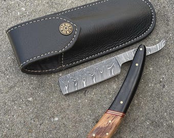 Rasoir droit vintage OG, étui en cuir, manche en bois, rasoir de barbier tranchant, cadeau de Noël ou d'anniversaire pour homme