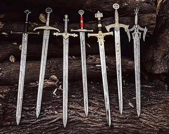 Épée Viking faite main en acier damas avec étui en cuir - Épée sacrée des Templiers gravée sur mesure