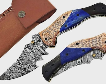 Couteau pliant fait main en acier damas | Couteau de poche | Poignée fabriquée, cadeau de Noël pour lui, cadeau de mariage avec étui en cuir