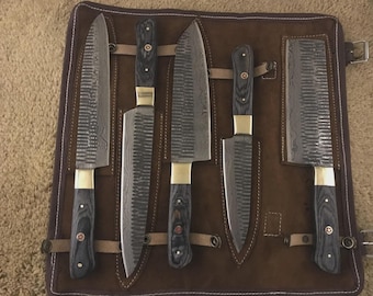 Ensemble de couteaux de chef damas faits main personnalisés - 5 couteaux de cuisine pleine soie et étui, cadeau fête des mères pour elle, cadeau de Noël