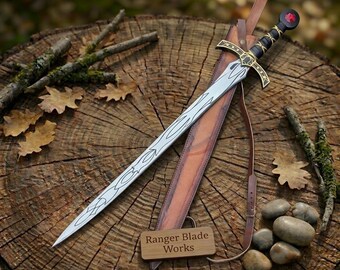 Épée fantastique inspirée de Goldryn - Lame en acier inoxydable, réplique de collection à poignée en rubis