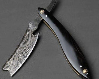 Rasoir droit en acier damas forgé à la main, manche en bois bleu, lame de barbier classique