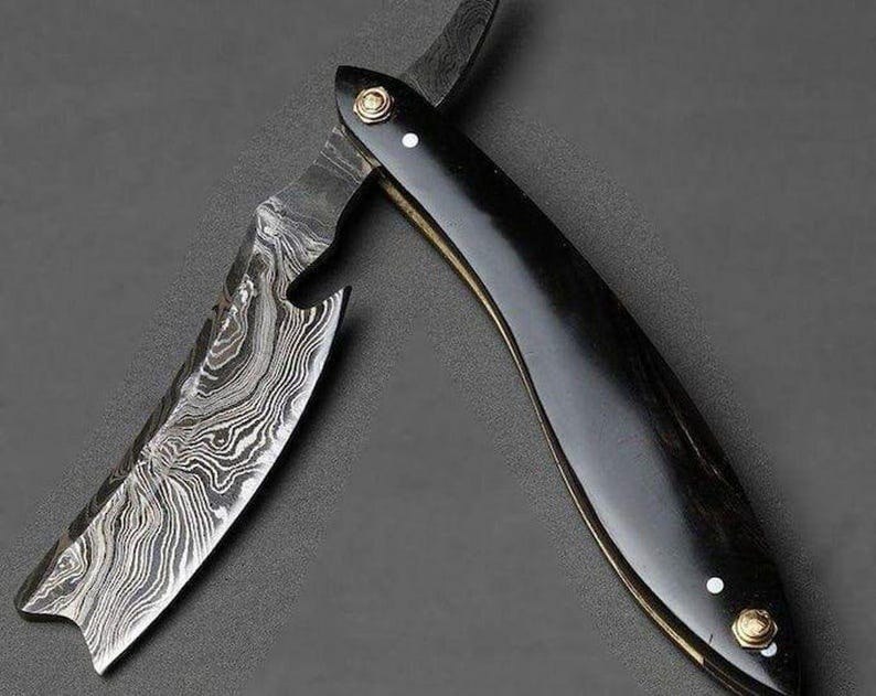 Blue Black Razor Hand Forged Damascus Steel Straight Razor, Blue Wood Handle, Classic ...