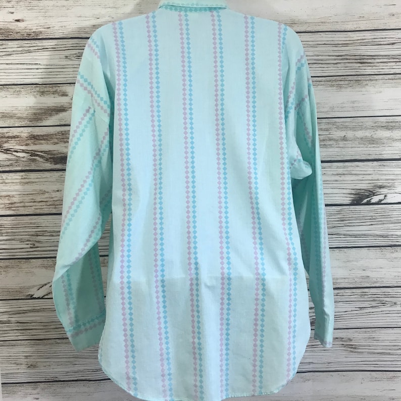 Vintage 80s 1980s Mint Green Print Long Sleeve Button Front Preppy Tie Up Boho Shirt Ladies M