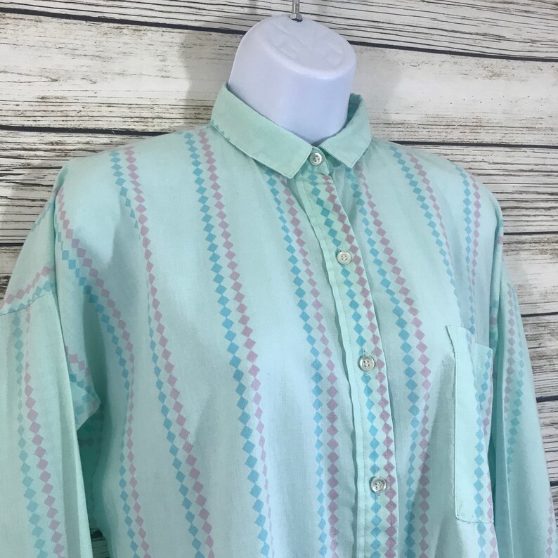 Vintage 80s 1980s Mint Green Print Long Sleeve Button Front Preppy Tie Up Boho Shirt Ladies M