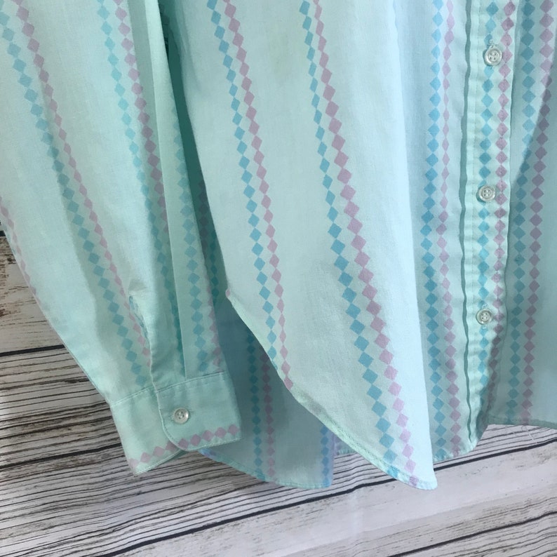 Vintage 80s 1980s Mint Green Print Long Sleeve Button Front Preppy Tie Up Boho Shirt Ladies M