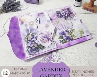 Lavender Junk Journal Folio Pockets & Cards | Purple Floral Birdhouse ...