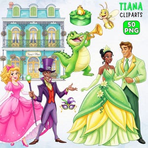 Tiana Princess Watercolor Clipart, 50 PNG, Princess and the Frog, Tiana Clipart, Fairytale Clipart, Lou, Ray, Tiana Palace, Nursery Kids Art