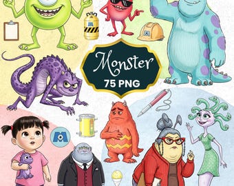 Clipart de aquarela da Monster Inc, PNG da Monster Inc, Universidade Monster, desenhado à mão, Sully, Mike, Boo, Roz, Celia, padrão sem emenda da Monster Inc.