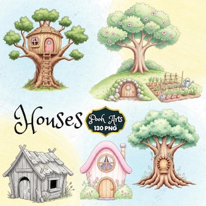 May include: Watercolor illustrations of whimsical houses, including a treehouse, a hobbit-hole style dwelling, and a cottage with a pink roof. The image includes the text "Houses" and a logo that says "Pooh Arts 130 PNG".