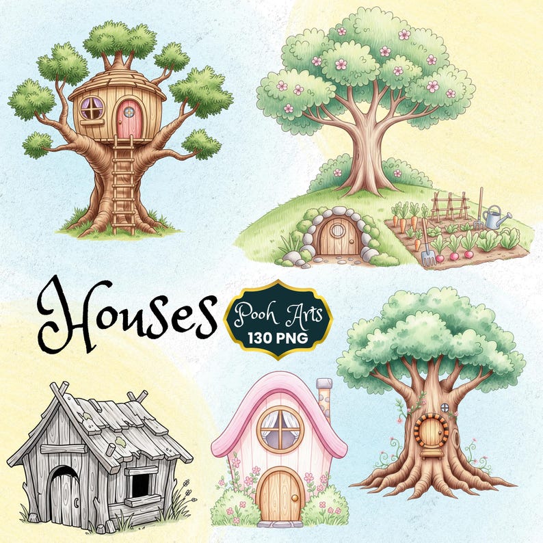 May include: Watercolor illustrations of whimsical houses, including a treehouse, a hobbit-hole style dwelling, and a cottage with a pink roof. The image includes the text "Houses" and a logo that says "Pooh Arts 130 PNG".