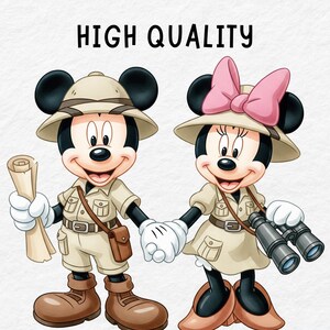 May include: Illustration of Mickey and Minnie Mouse in safari outfits, holding hands. Mickey holds a rolled-up map, while Minnie has binoculars and a pink bow. They wear khaki-colored safari hats, shirts, shorts, and boots. The text "HIGH QUALITY" is above them.