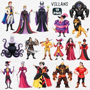 May include: Digital illustration of 19 PNG images of cartoon villains. The characters are shown in full, with diverse costumes and expressions. The colour scheme includes black, red, purple, and yellow.