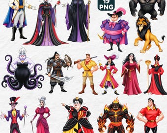 Fairytale Villains Clipart 19 PNG, Fairytale Evil Characters, Maleficent Captain Hook Evil Queen, Hades Ursula, Watercolor Cartoon Villains