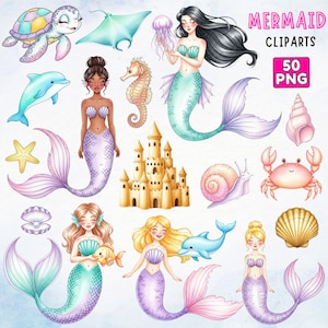 Mermaid Watercolor Pastel Clipart, Mermaid Baby Shower, Under Sea Clipart, Mermaid Castle Clipart, Glitter Mermaid PNG, Sea Turtle Castle