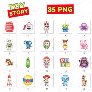 K&ouml;nnte beinhalten: Eine Sammlung von 20 Aquarellillustrationen von Charakteren aus dem Animationsfilm Toy Story. Die Bilder zeigen Charaktere wie Buzz Lightyear, Woody und die kleinen gr&uuml;nen M&auml;nnchen, zusammen mit den Texten "TOY STORY" und "35 PNG".
