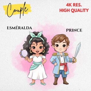 以下が含まれることがあります： 「Esmeralda」と「Prince」と名付けられたカップルのイラスト。Esmeraldaは白いドレスを着てタンバリンを持っています。Princeは青いジャケットを着て剣を持っています。テキストは「4K RES. HIGH QUALITY」と書かれています。