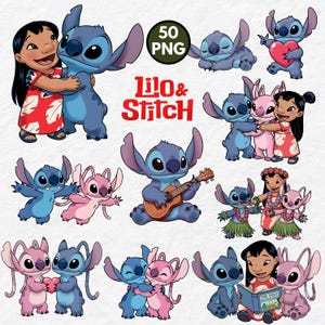 Paquete de imágenes prediseñadas de Lilo y Stitch, arte de Stitch dibujado a mano, imágenes prediseñadas de Stitch, Lilo y Stitch PNG, lindo Lilo, Stitch, ángel, imágenes prediseñadas de acuarela PNG,