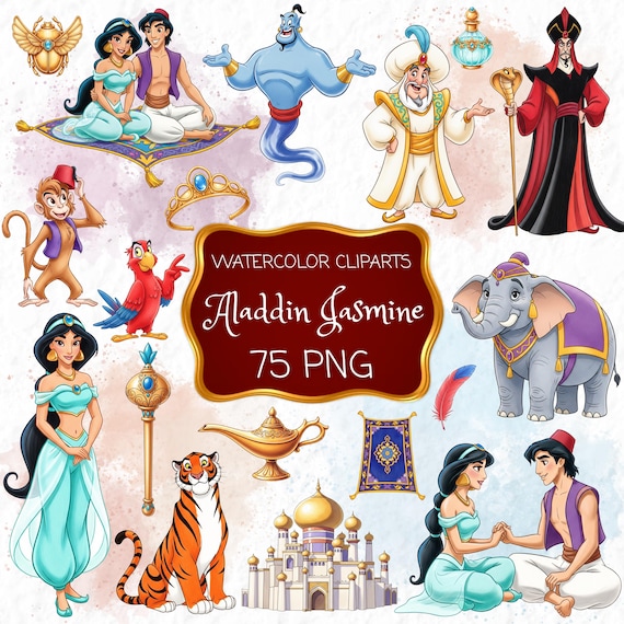 Jasmine Clipart PNG, Printable Jasmine PNG, Arabian Princess PNG, Jasmine Birthday, Watercolor Cliparts, Tiger, Monkey, Castle, Hand Drawn