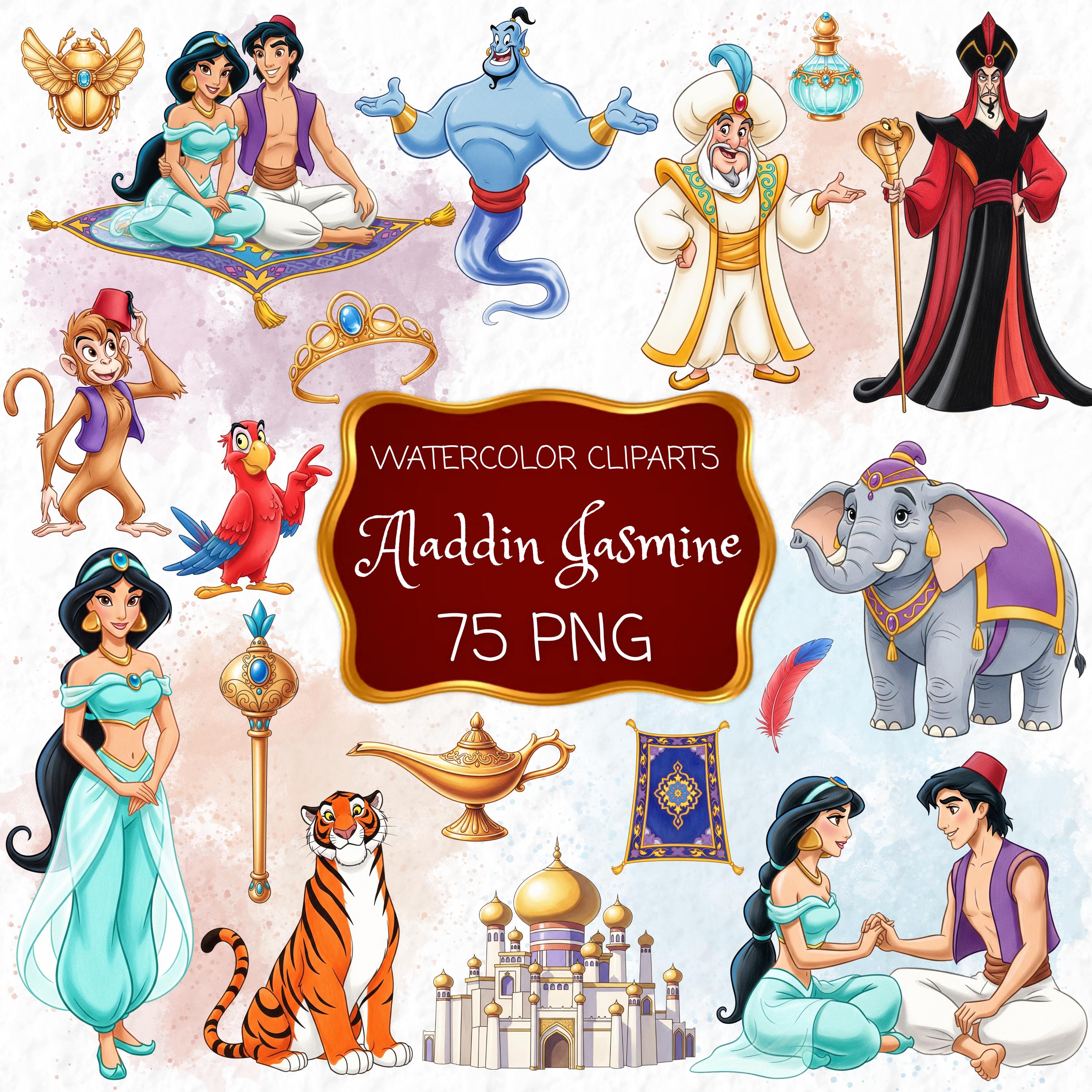 Jasmine Clipart PNG, Printable Jasmine PNG, Arabian Princess PNG, Jasmine Birthday, Watercolor Cliparts, Tiger, Monkey, Castle, Hand Drawn
