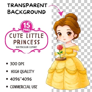 Peut inclure: Illustration num&eacute;rique d'une princesse de dessin anim&eacute; en robe jaune tenant un d&ocirc;me en verre avec une rose rouge &agrave; l'int&eacute;rieur. L'image a un fond transparent.
