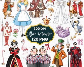 Könnte beinhalten: Digitale Illustration mit Charakteren aus Alice im Wunderland. Das Bild zeigt Alice, das weiße Kaninchen, den Hutmacher, die Herzkönigin und andere ikonische Figuren. Der Text "Alice Wonder 120 PNG" ist ebenfalls enthalten.
