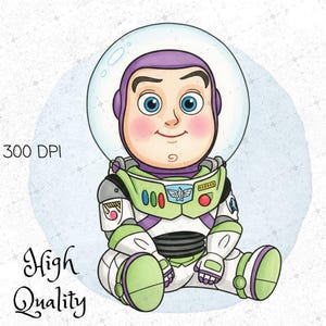 K&ouml;nnte beinhalten: Eine Aquarellillustration von Baby Buzz Lightyear in sitzender Position. Die Figur tr&auml;gt einen gr&uuml;n-wei&szlig;en Raumanzug mit lila Akzenten und einem transparenten Helm. Der Text "300 DPI" und "High Quality" ist enthalten.