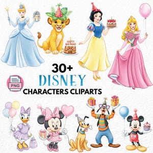 Peut inclure: Graphique numérique avec plus de 30 personnages Disney. Cendrillon, Simba, Blanche-Neige et Aurore sont représentés, ainsi que Daisy Duck, Minnie Mouse, Pluto, Dingo et Mickey Mouse. Le texte indique "30+ Disney Characters Cliparts."