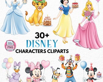 Pacote de clipart de aniversário da Disney PNG, Mickey Mouse fofo, princesas, clipart de festa de animais, clipart de alta resolução para impressão para decoração de festa infantil