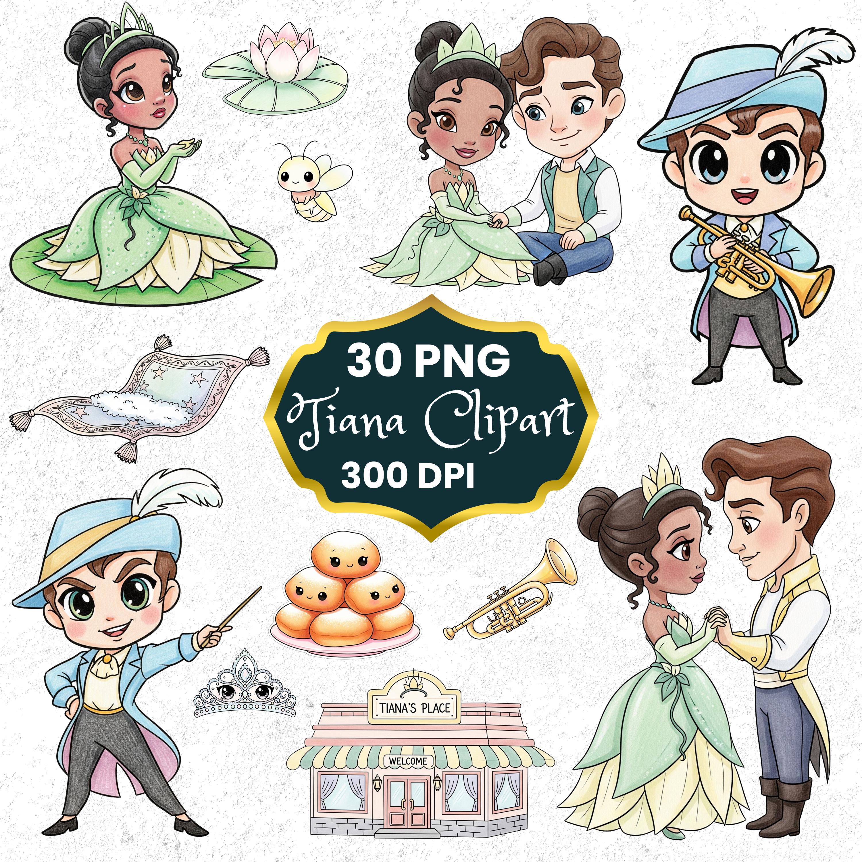 Tiana Clipart, Princess and the Frog PNG, Hand Drawn, Cute, Watercolor Tiana Clipart, 30 PNG, Princess Party Decor, Naveen PNG, Nursery Art