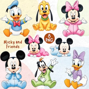 Baby Mickey Mouse Watercolor Clipart, Cute Cartoon, Cute Minnie Mouse PNG, Donald Daisy Duck, Pluto, Goofy, Baby Shower, Mickey Nursery Art